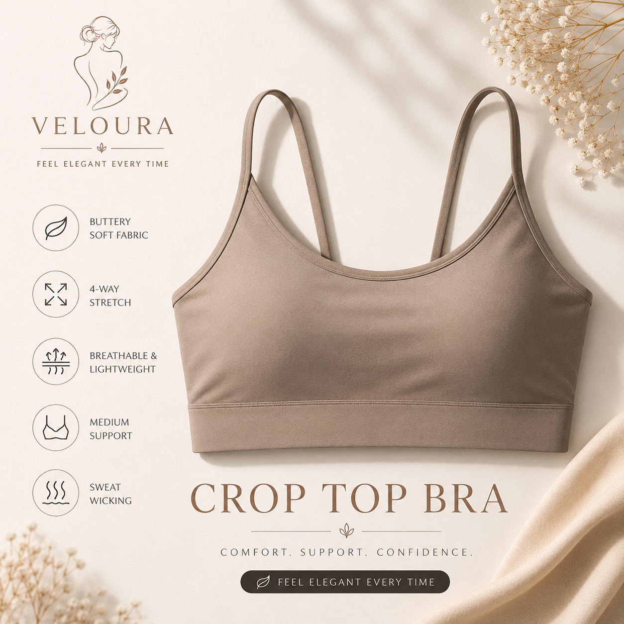 VELOURA Seamless Crop Top Bra – Everyday Comfort & Support