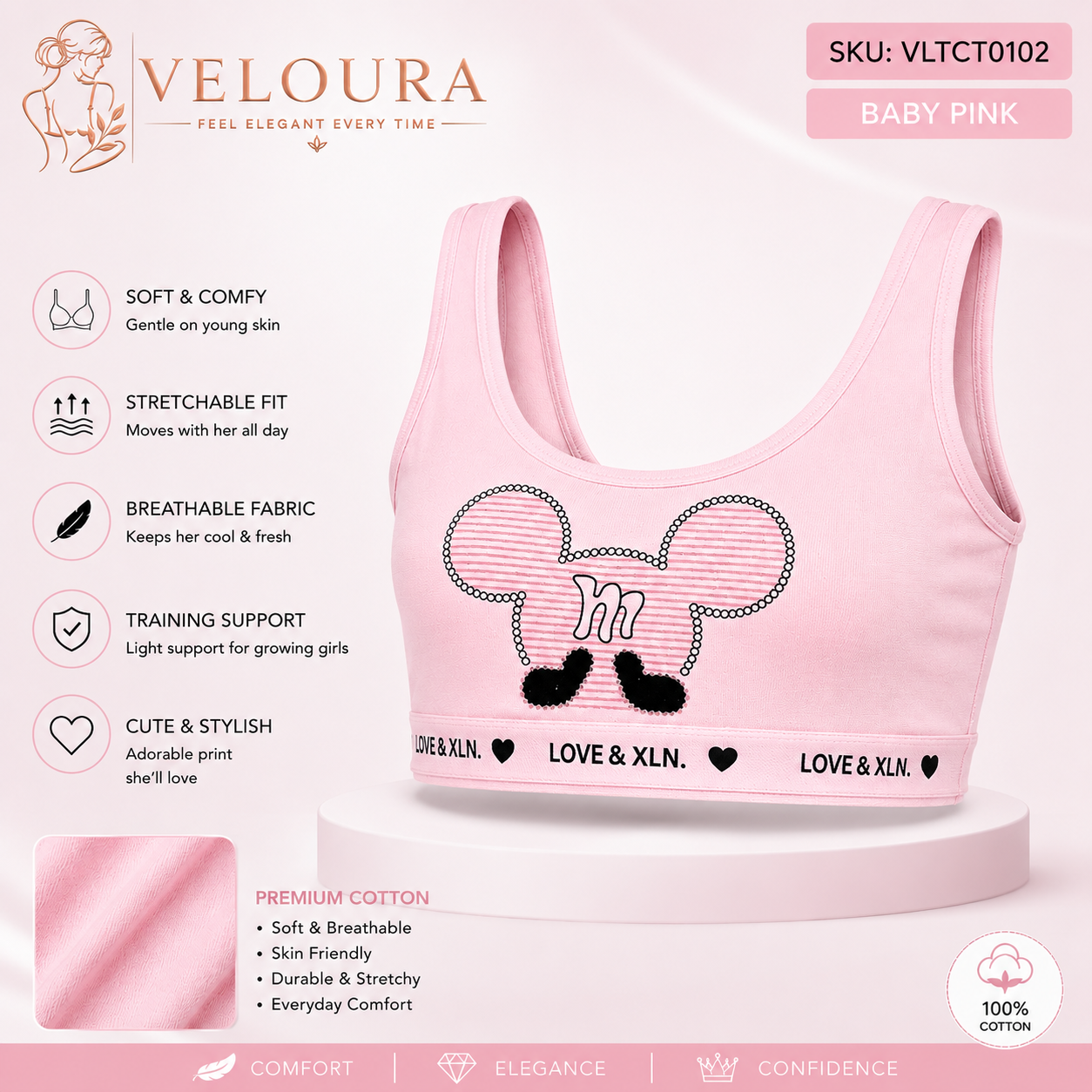 VELOURA Girls Premium Cotton Training Bra | Soft Breathable Kids Crop Top | Baby Pink