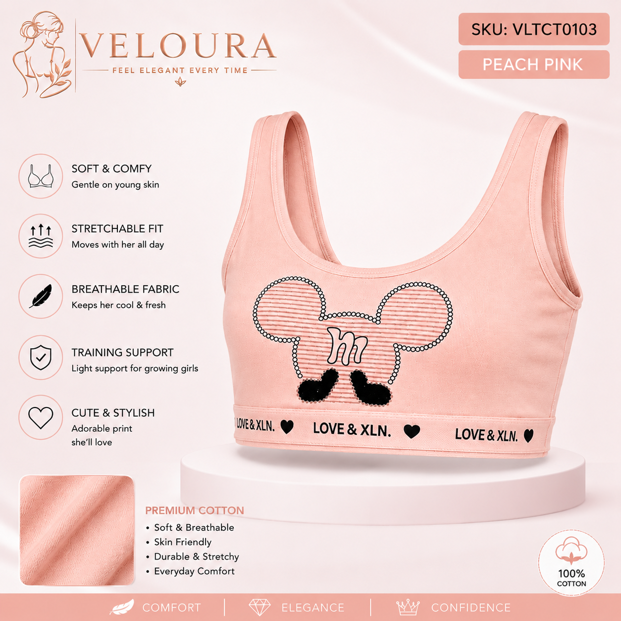 VELOURA Girls Premium Cotton Training Bra | Soft Breathable Kids Crop Top | Peach Pink