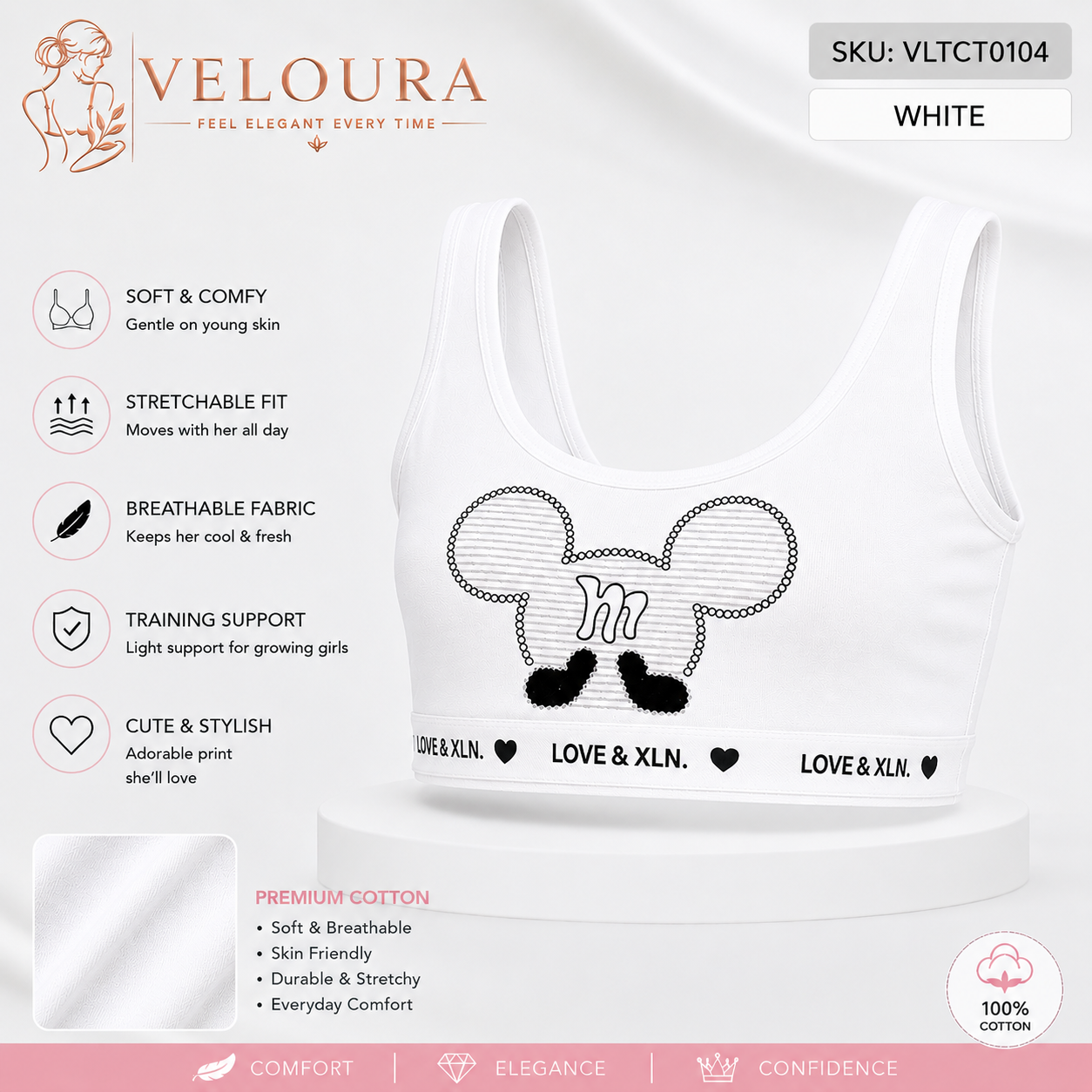 VELOURA Girls Premium Cotton Training Bra | Soft Breathable Kids Crop Top | White