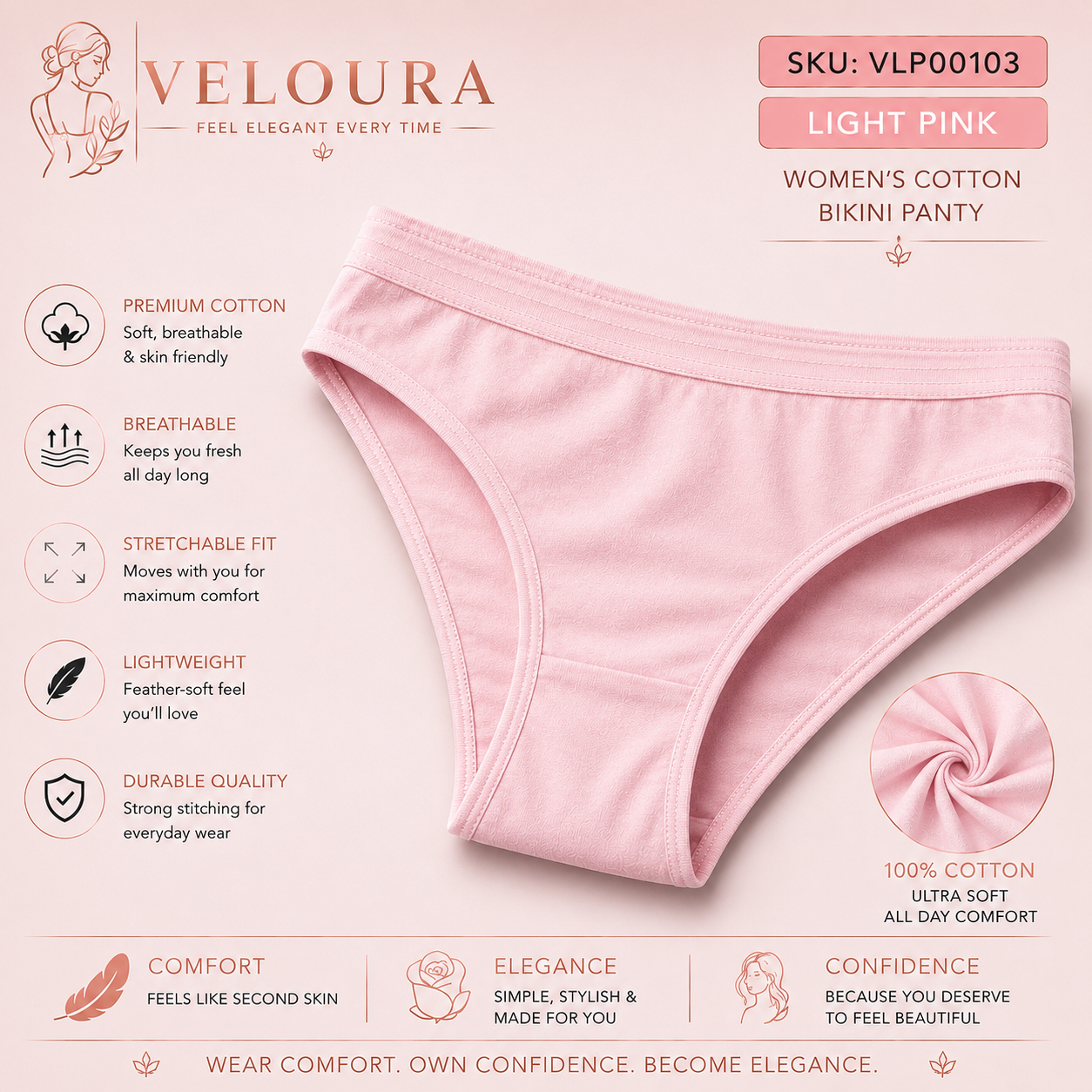 VELOURA Women's Cotton Bikini Panty | Soft Breathable Underwear | Stretch Fit | Lightweight Full Coverage Everyday Brief