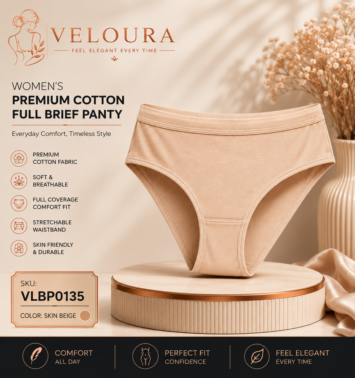 VELOURA Women's Premium Cotton Full Brief Panty | Full Coverage Soft Breathable Underwear | Stretch Comfort Everyday Bri
