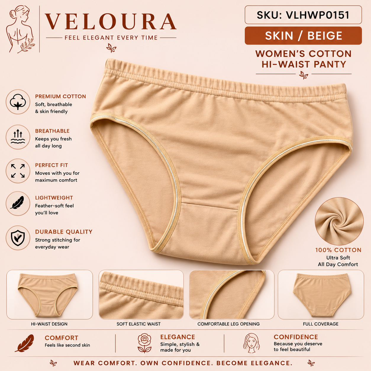 VELOURA Women's High-Waist Cotton Panty | Soft Breathable Full Coverage Brief | Everyday Comfort Underwear | Skin-Friendly Stretch Fit