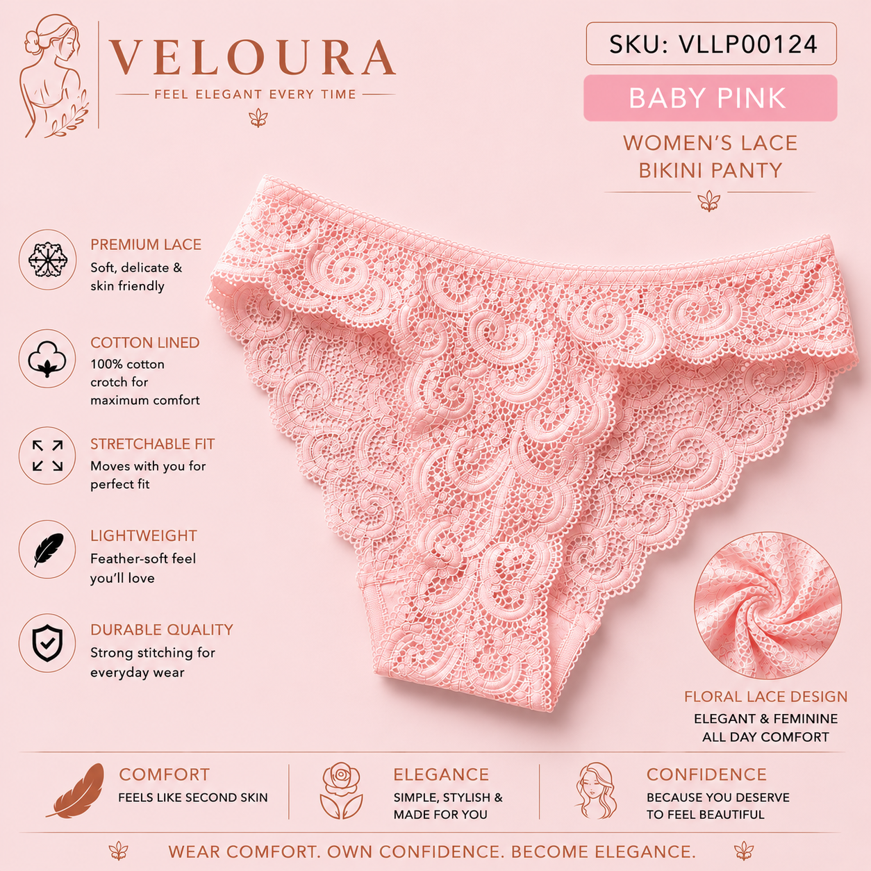 VELOURA Women's Floral Lace Bikini Panty | Soft Stretch Brief | Cotton Lined | Lightweight & Breathable Underwear
