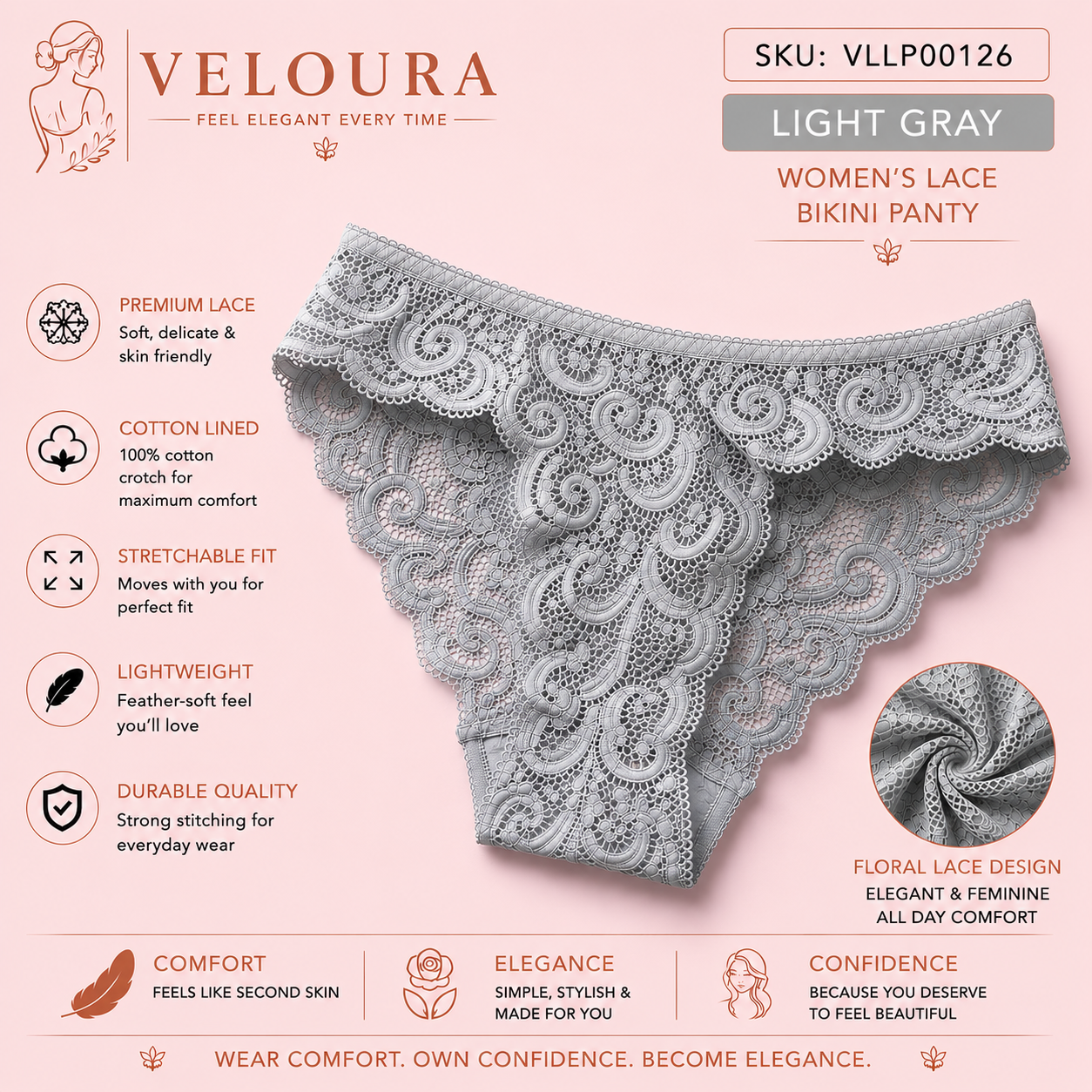 VELOURA Women's Floral Lace Bikini Panty | Soft Stretch Brief | Cotton Lined | Lightweight & Breathable Underwear