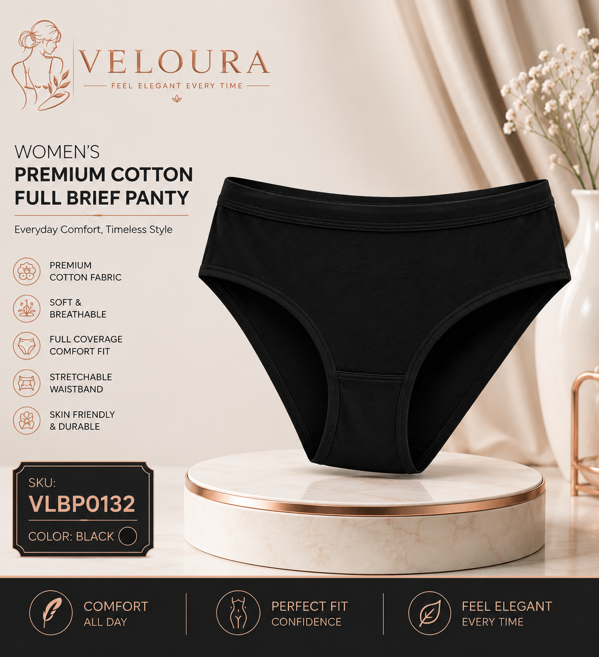 VELOURA Women's Premium Cotton Full Brief Panty | Full Coverage Soft Breathable Underwear | Stretch Comfort Everyday Bri