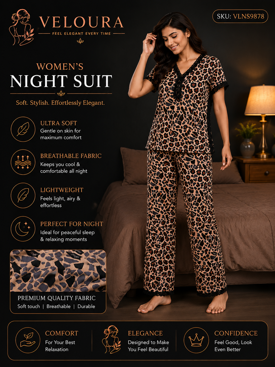 Veloura Women's Leopard Print Night Suit – Ultra Soft Breathable Lounge & Sleepwear Set