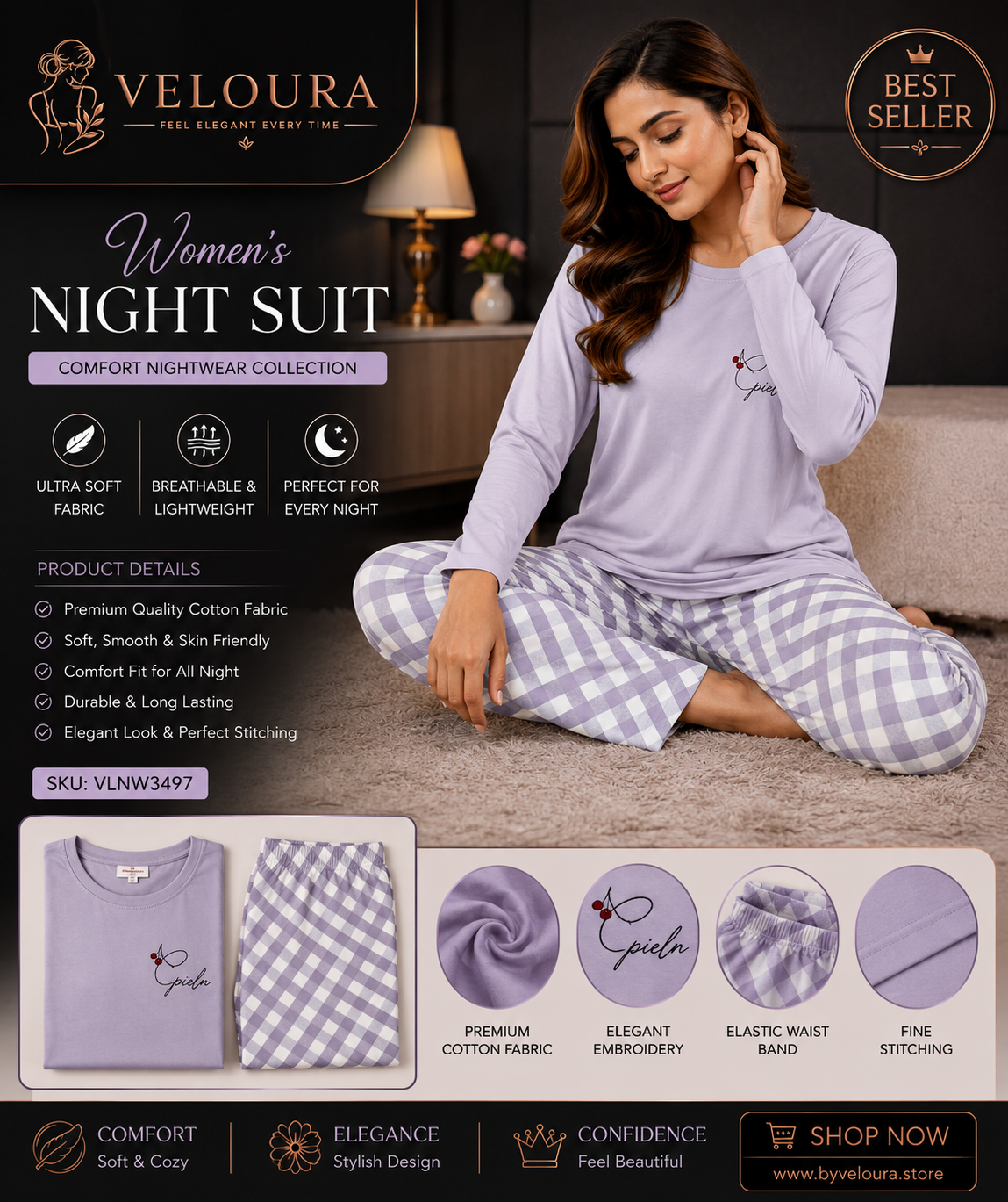 Veloura Women's Premium Cotton Night Suit | Lavender Long Sleeve Pajama Set | Soft Checkered Sleepwear
