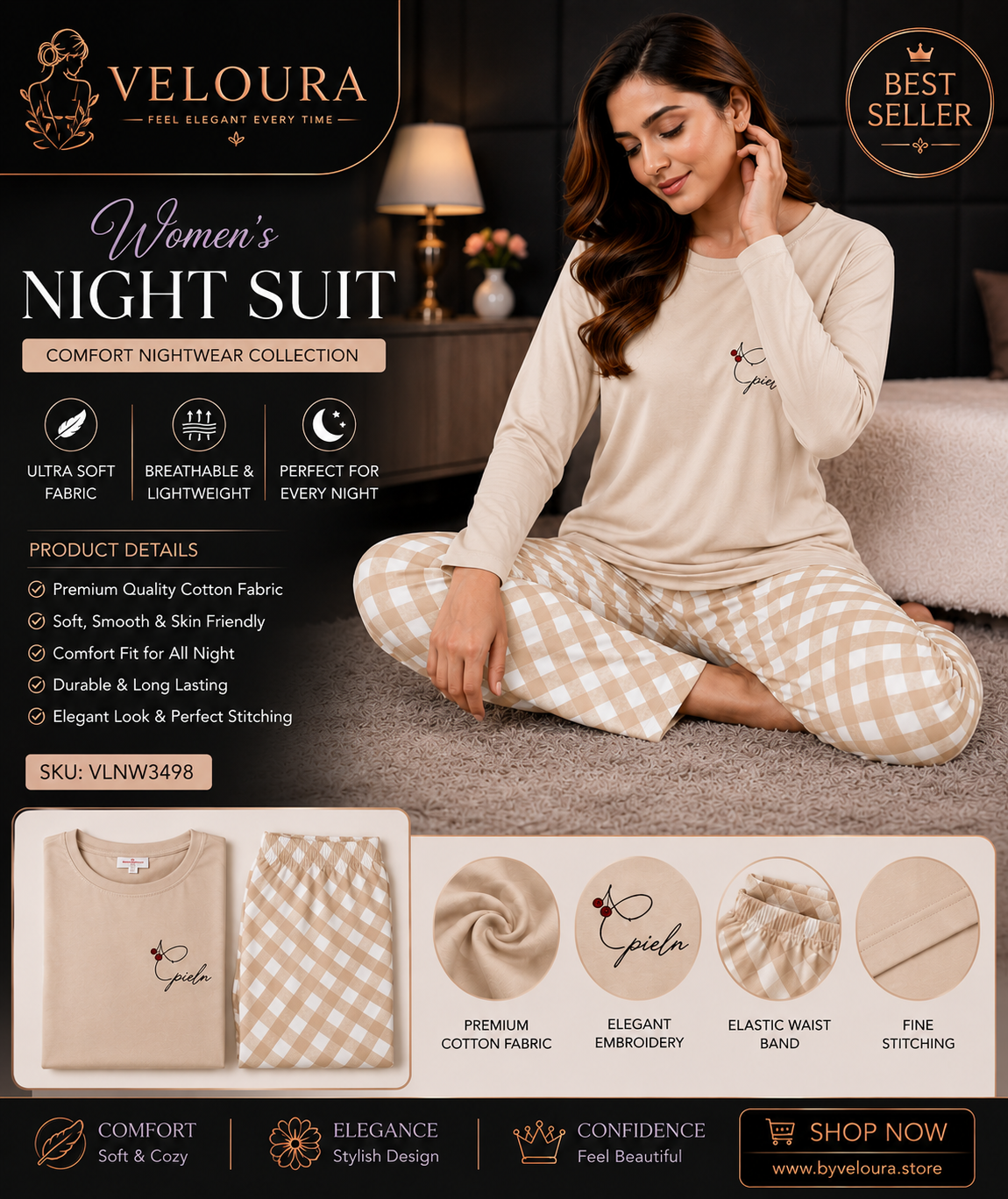 Veloura Women's Premium Cotton Night Suit | Beige Long Sleeve Pajama Set | Soft Checkered Sleepwear