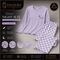 Veloura Women's Premium Cotton Night Suit | Lavender Long Sleeve Pajama Set | Soft Checkered Sleepwear
