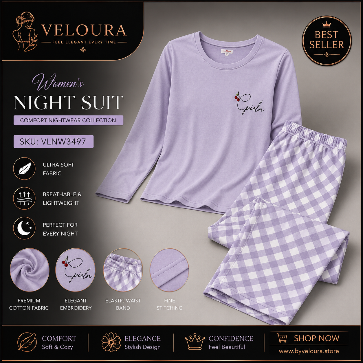 Veloura Women's Premium Cotton Night Suit | Lavender Long Sleeve Pajama Set | Soft Checkered Sleepwear