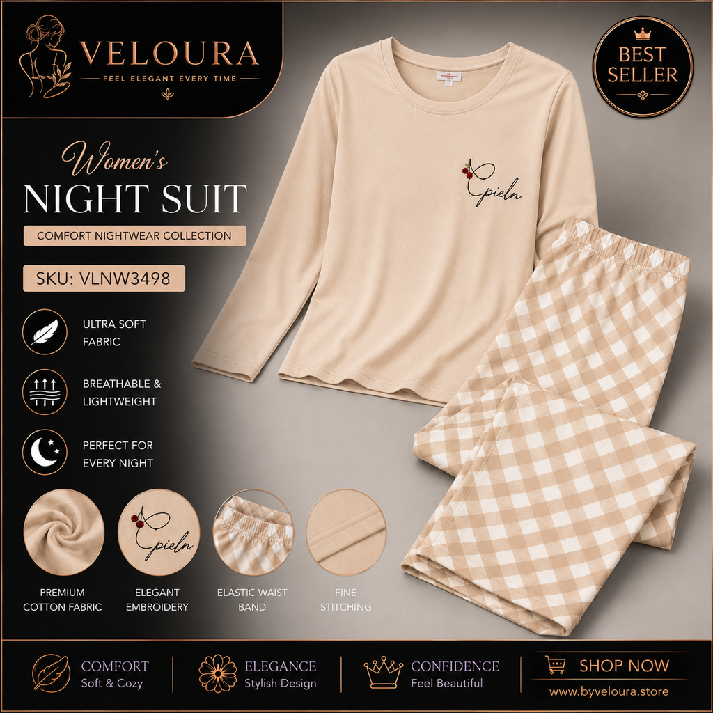 Veloura Women's Premium Cotton Night Suit | Beige Long Sleeve Pajama Set | Soft Checkered Sleepwear