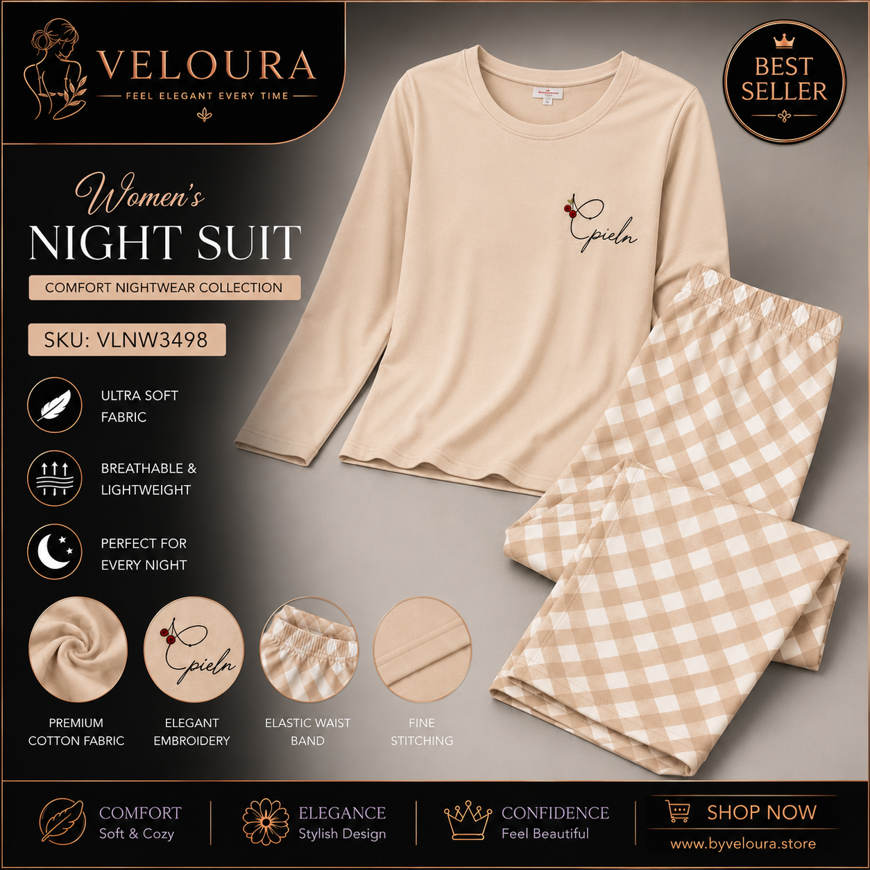 Veloura Women's Premium Cotton Night Suit | Beige Long Sleeve Pajama Set | Soft Checkered Sleepwear