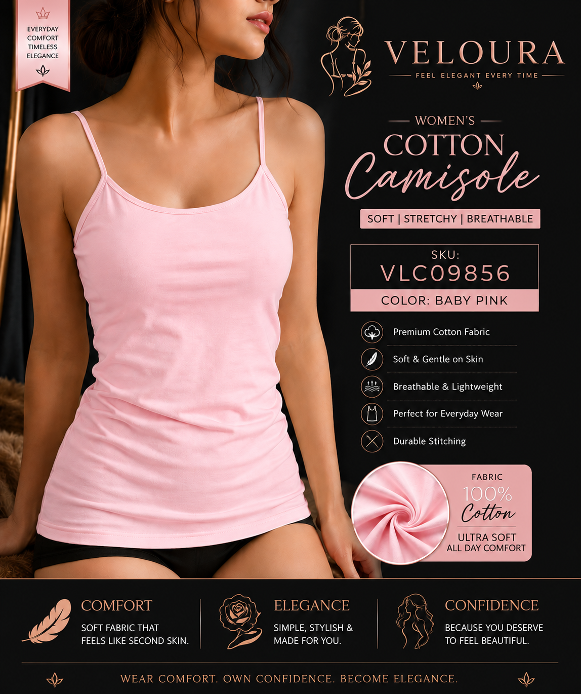 Veloura Women's Premium Cotton Camisole – Baby Pink | Soft Stretch Spaghetti Strap Tank Top | Breathable Everyday Innerwear