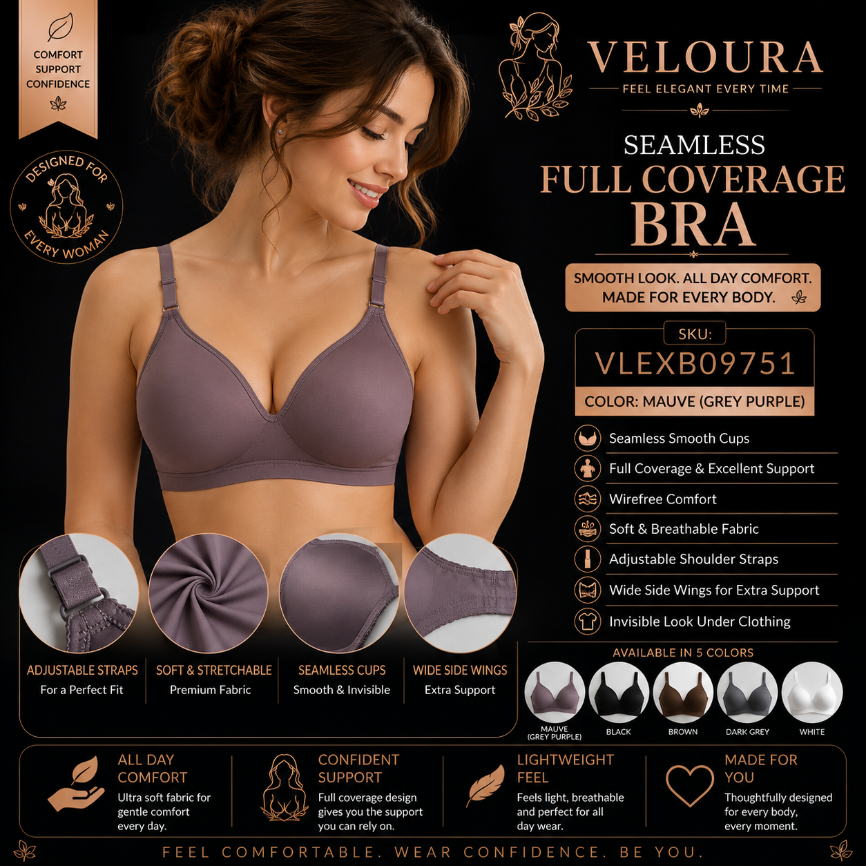 Veloura Seamless Full Coverage Wire-Free Bra | Soft Everyday Comfor