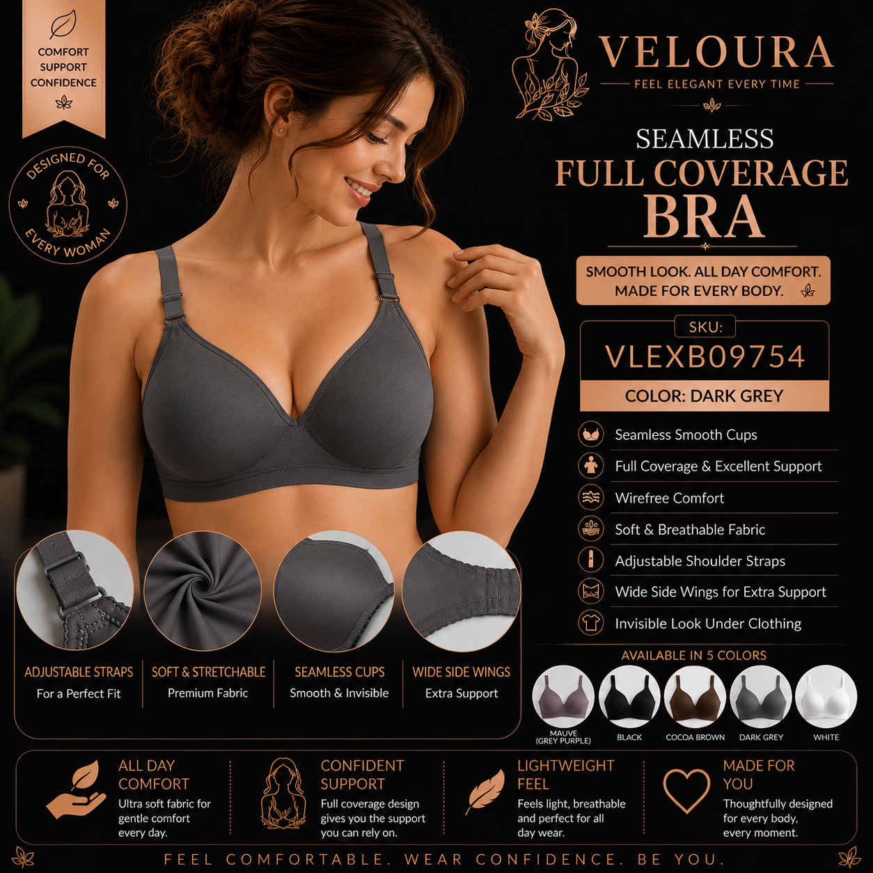 Veloura Seamless Full Coverage Wire-Free Bra – Dark Grey | Soft Breathable Everyday Comfort