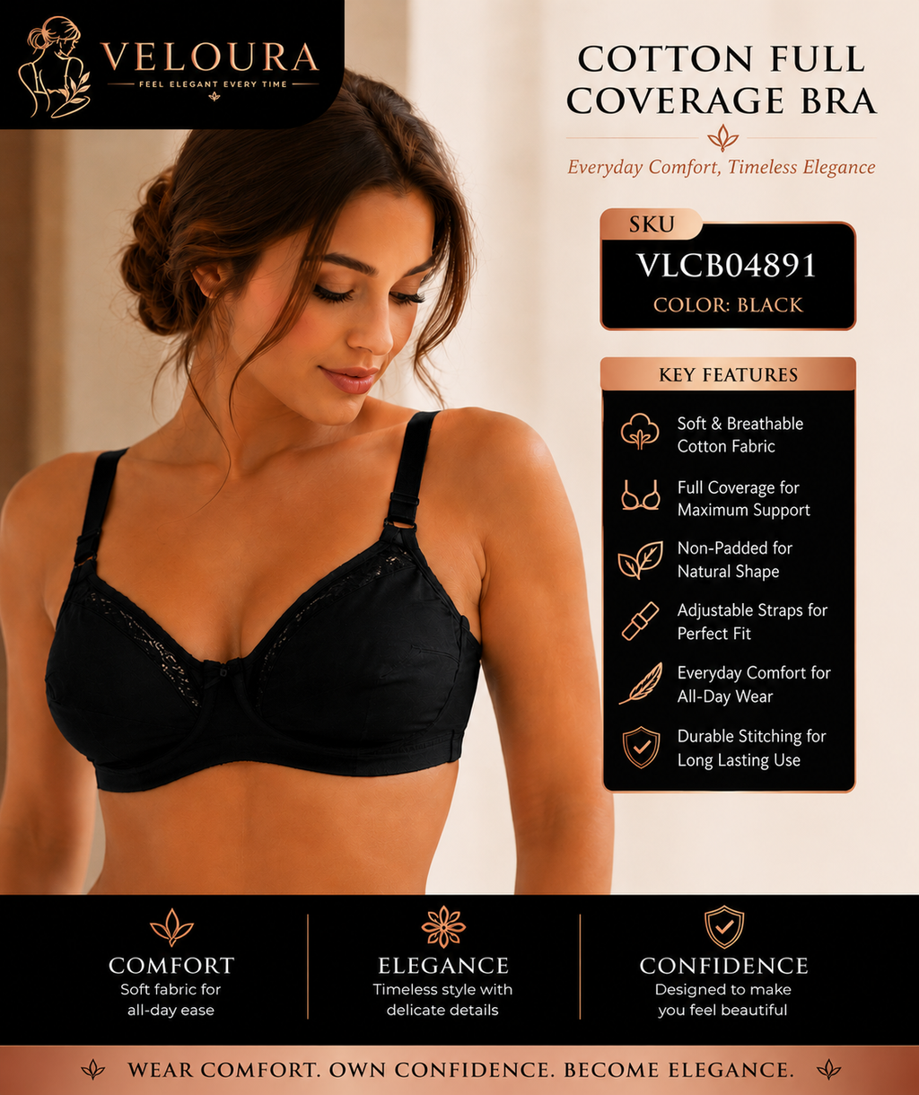 Veloura Cotton Full Coverage Bra – Black | Non-Padded Soft Cotton Everyday Support Bra | Adjustable Straps | Full Coverage
