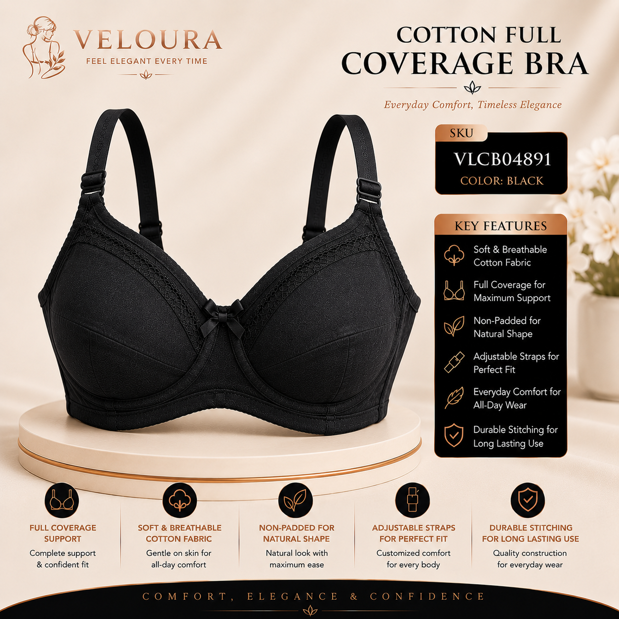 Veloura Cotton Full Coverage Bra – Black | Non-Padded Soft Cotton Everyday Support Bra | Adjustable Straps | Full Coverage