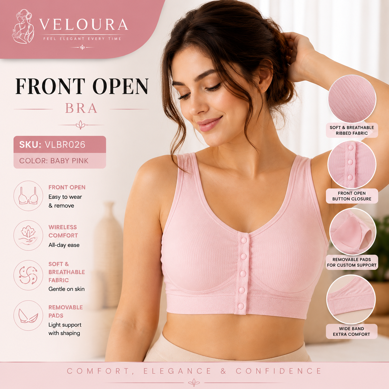 Veloura Front Open Comfort Bra – Baby Pink | Wireless Padded Bra