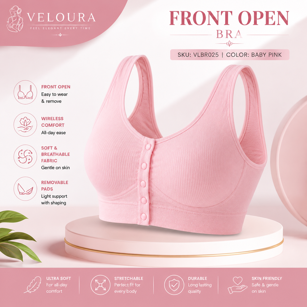 Veloura Front Open Comfort Bra – Baby Pink | Wireless Padded Bra