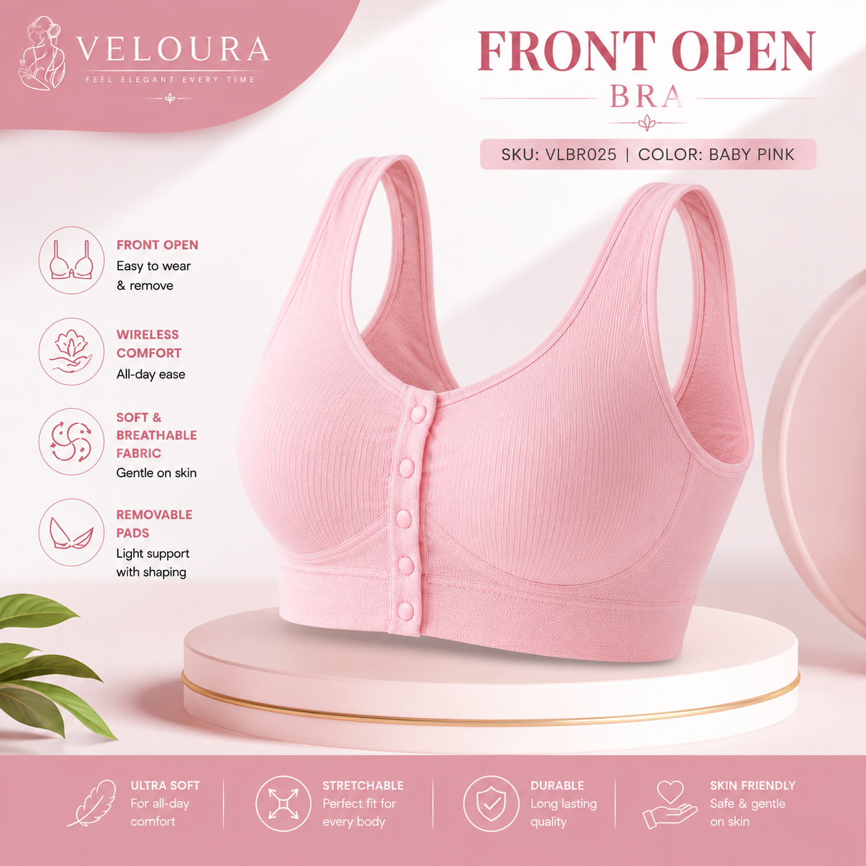 Veloura Front Open Comfort Bra – Baby Pink | Wireless Padded Bra