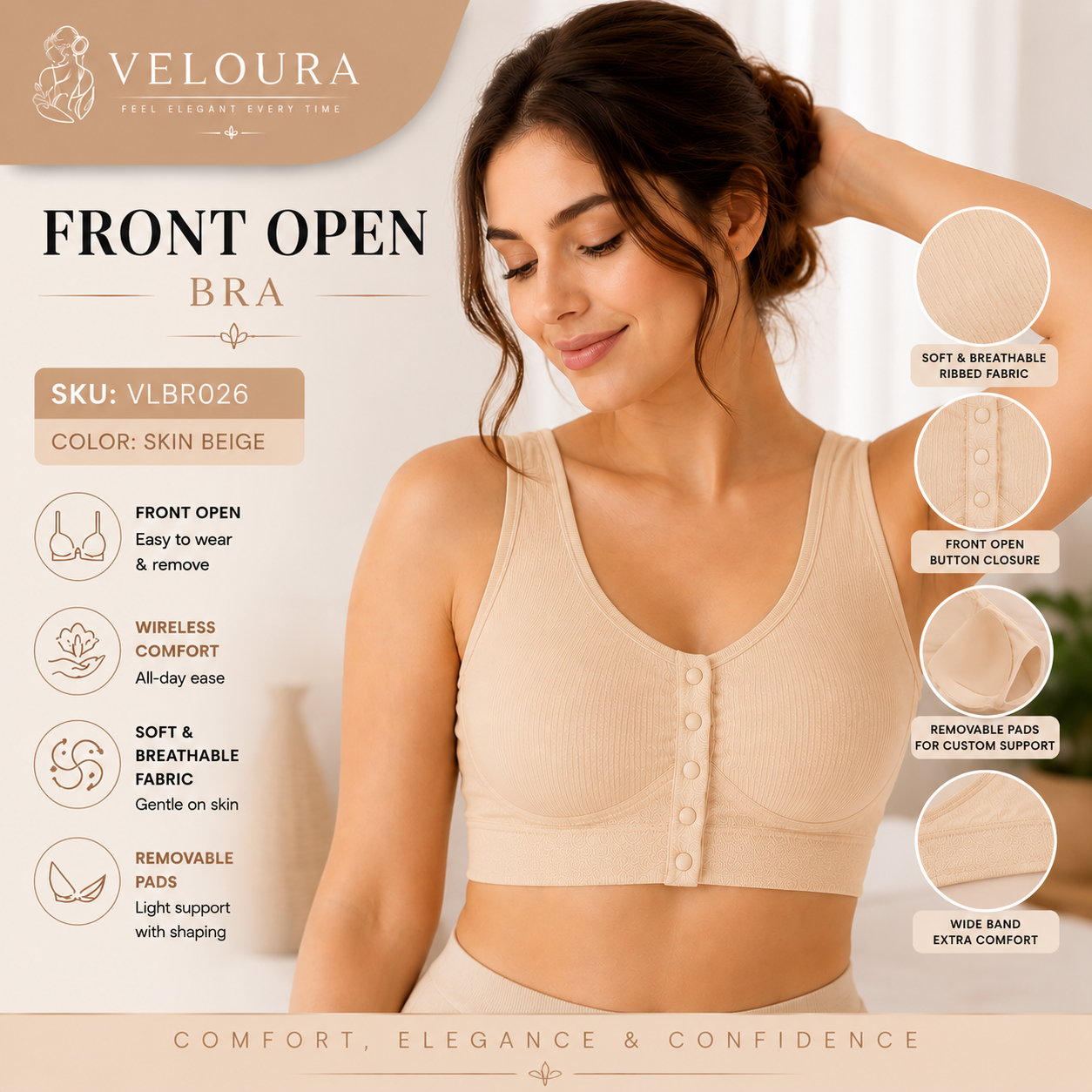 Veloura Front Open Comfort Bra – Skin Beige | Everyday Bra