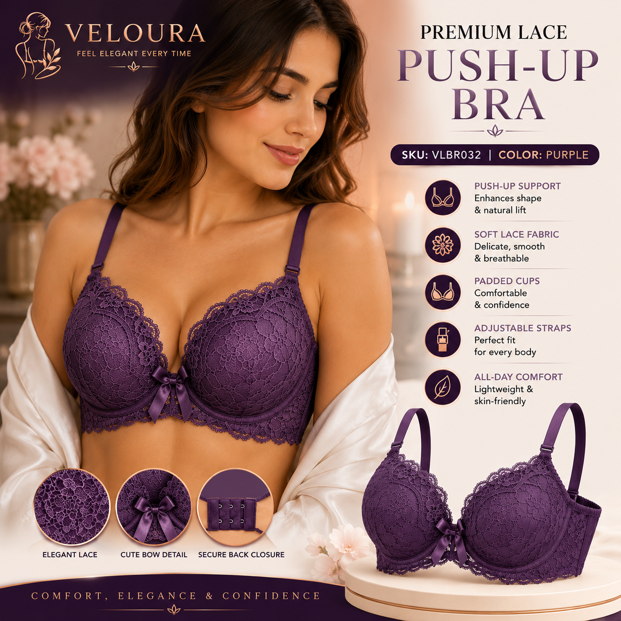 Veloura Premium Lace Bra & Panty Set – Comfort, Elegance & Confidence