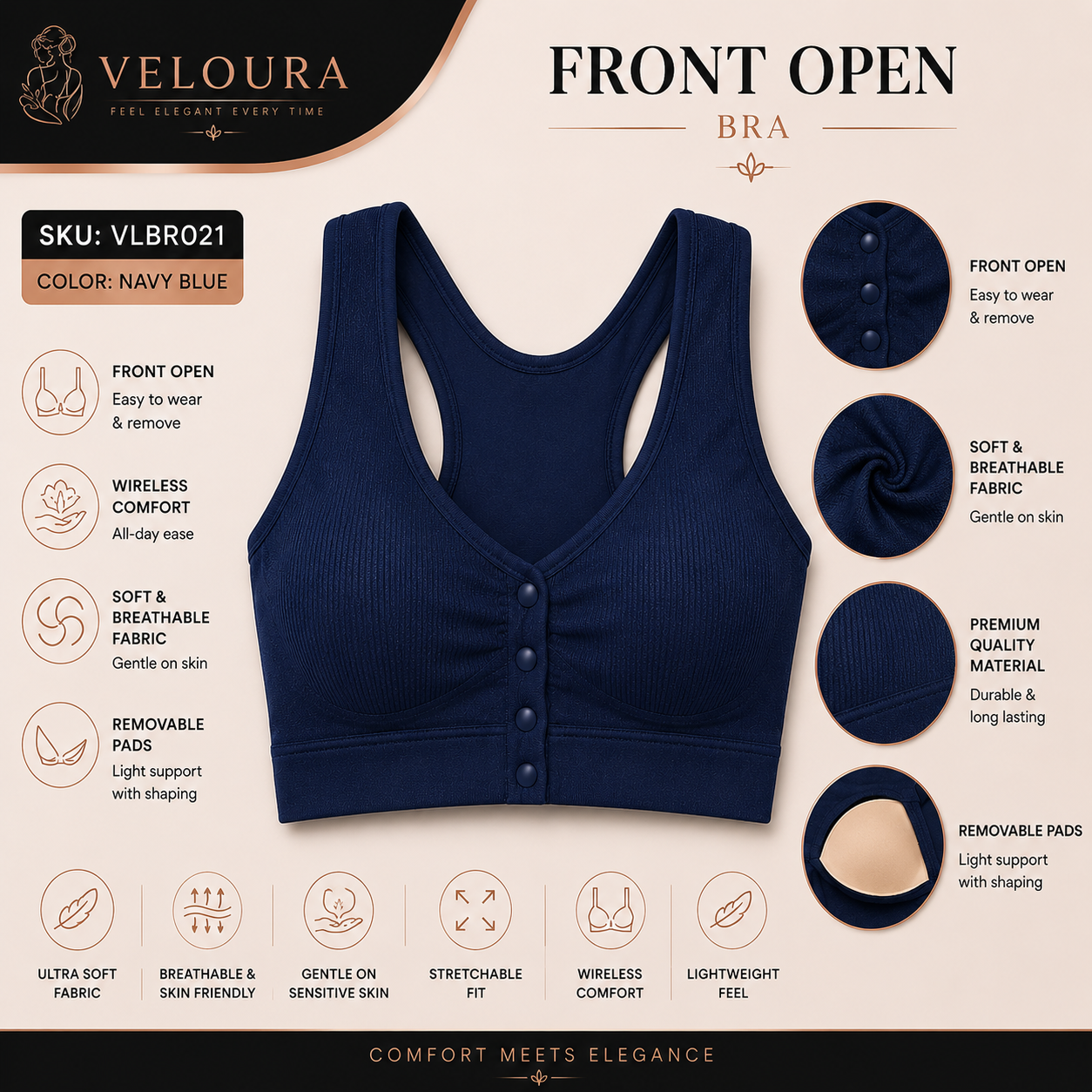 Veloura Front Open Cross Back Bra – Comfort, Elegance & Confidence | Padded Bra