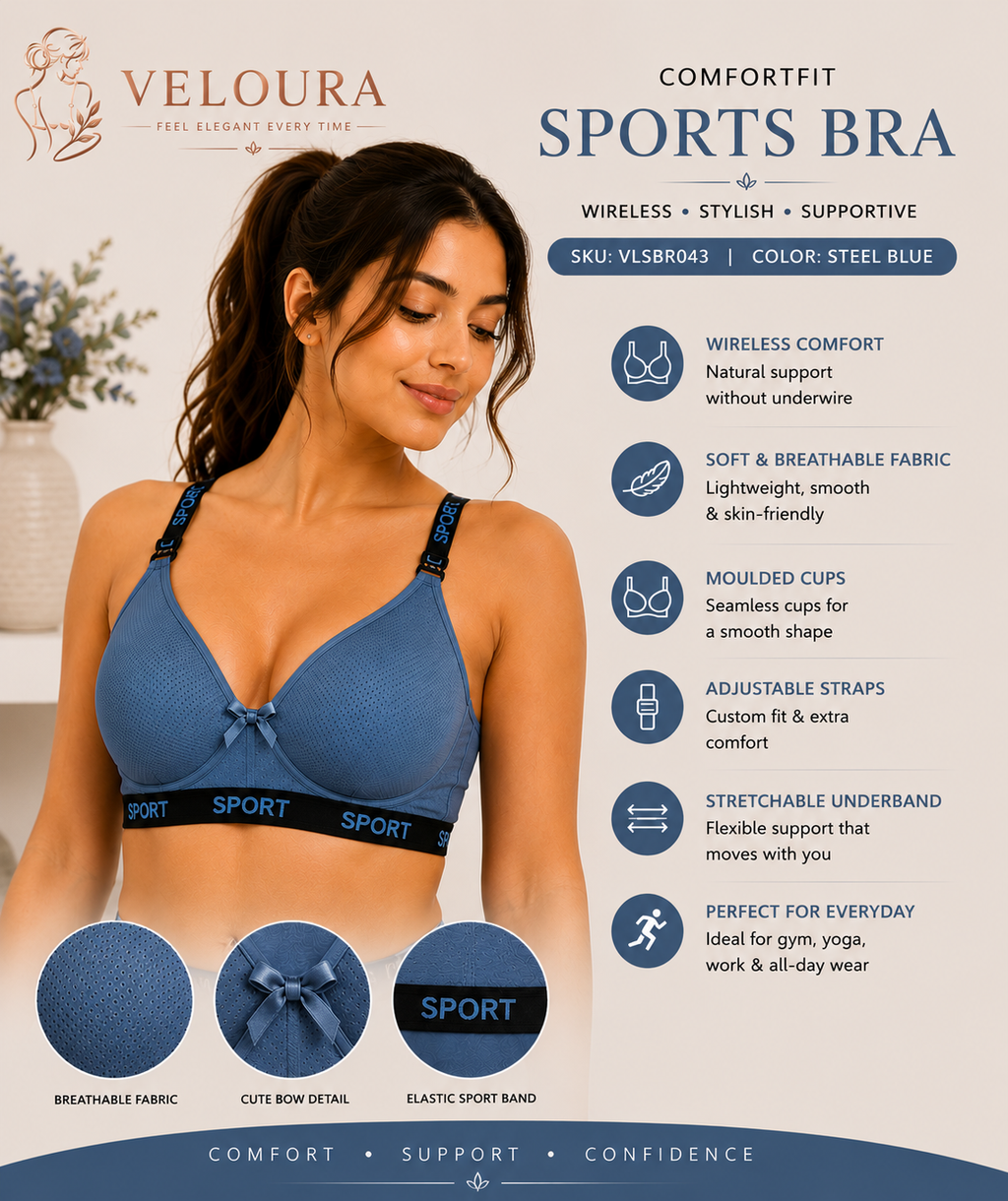 Veloura ComfortFit Women's Sports Bra – Wireless, Breathable & Lightweight Support | Steel Blue