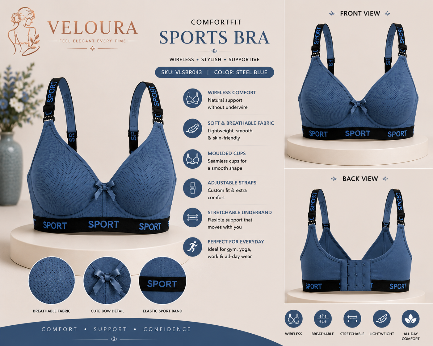 Veloura ComfortFit Women's Sports Bra – Wireless, Breathable & Lightweight Support | Steel Blue