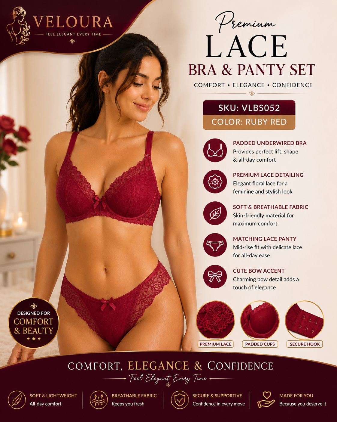 Veloura Premium Lace Bra & Panty Set for Women – Soft Padded Underwired Lingerie | Breathable Fabric | Ruby Red