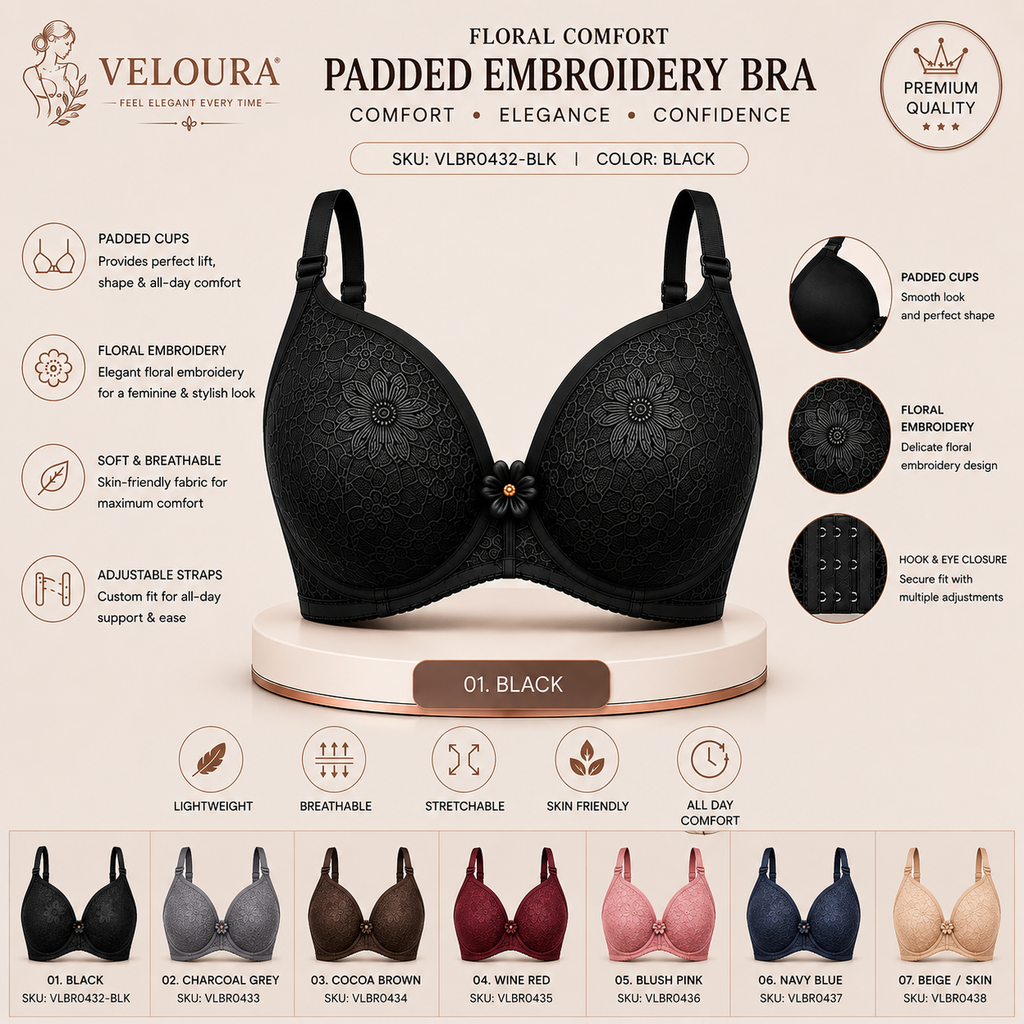 Veloura Floral Comfort Women's Padded Embroidery Bra – Soft, Breathable & Full Support | Black
