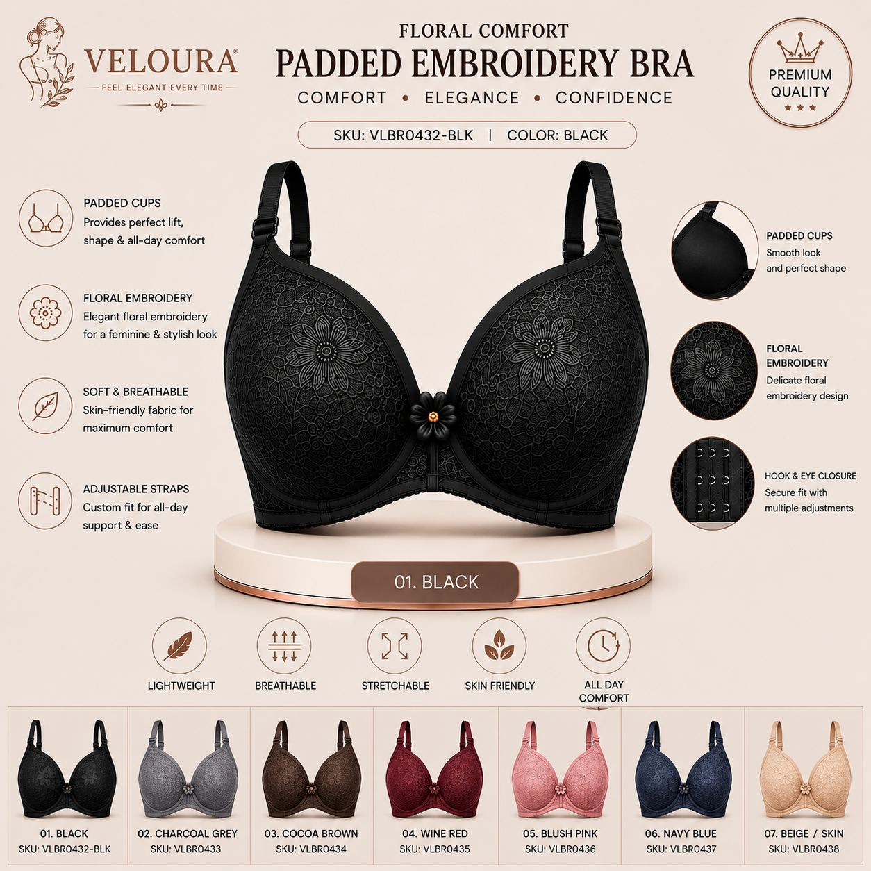 Veloura Floral Comfort Women's Padded Embroidery Bra – Soft, Breathable & Full Support | Black