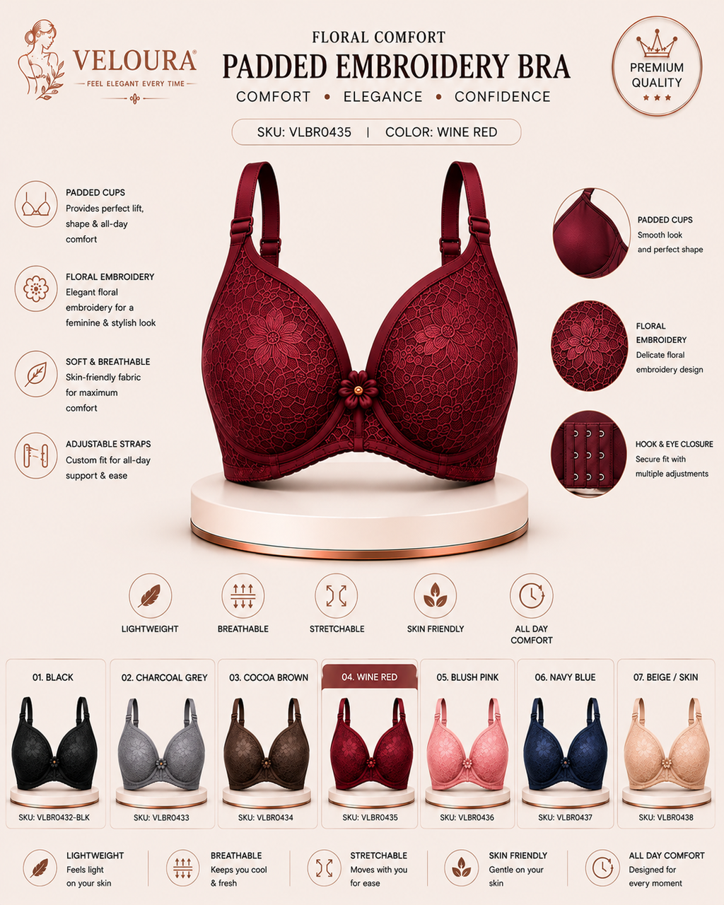 Veloura Floral Comfort Women's Padded Embroidery Bra – Soft, Breathable & Full Coverage | Wine Red