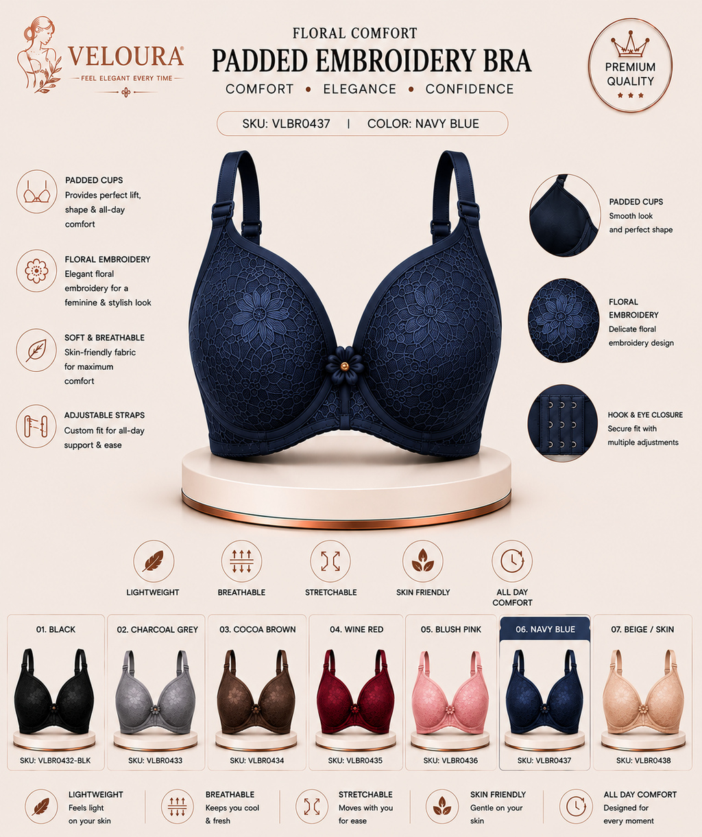 Veloura Floral Comfort Women's Padded Embroidery Bra – Soft, Breathable & Full Coverage | Navy Blue
