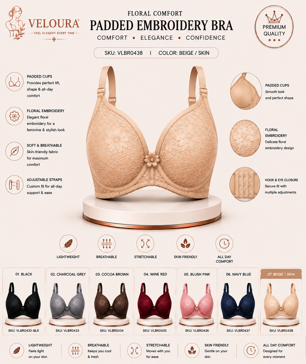 Veloura Floral Comfort Women's Padded Embroidery Bra – Soft, Breathable & Full Coverage | Beige