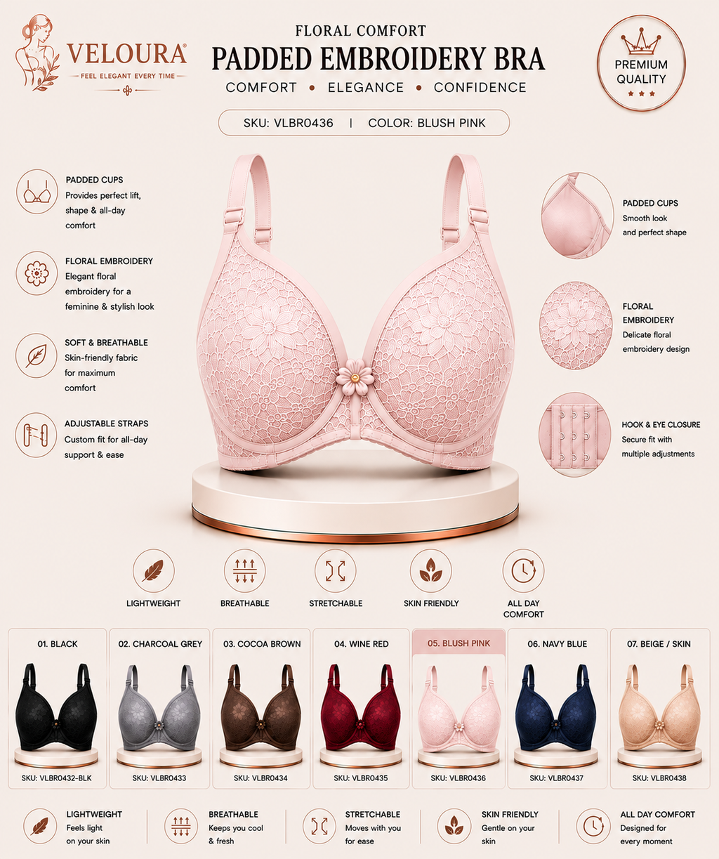 Veloura Floral Comfort Women's Padded Embroidery Bra – Soft, Breathable & Full Coverage | Blush Pink |