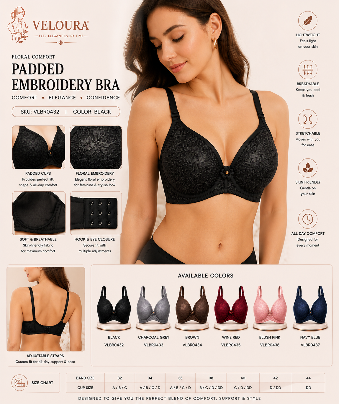 Veloura Floral Comfort Women's Padded Embroidery Bra – Soft, Breathable & Full Support | Black