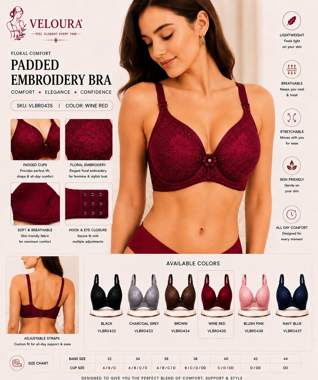 Veloura Floral Comfort Women's Padded Embroidery Bra – Soft, Breathable & Full Coverage | Wine Red