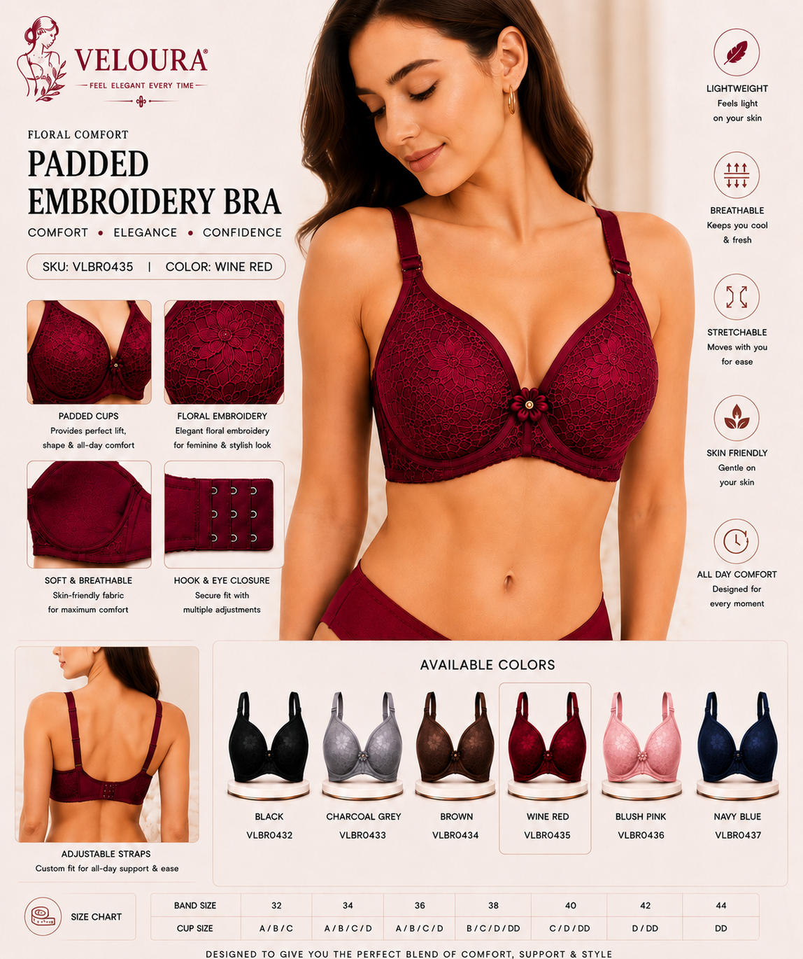 Veloura Floral Comfort Women's Padded Embroidery Bra – Soft, Breathable & Full Coverage | Wine Red