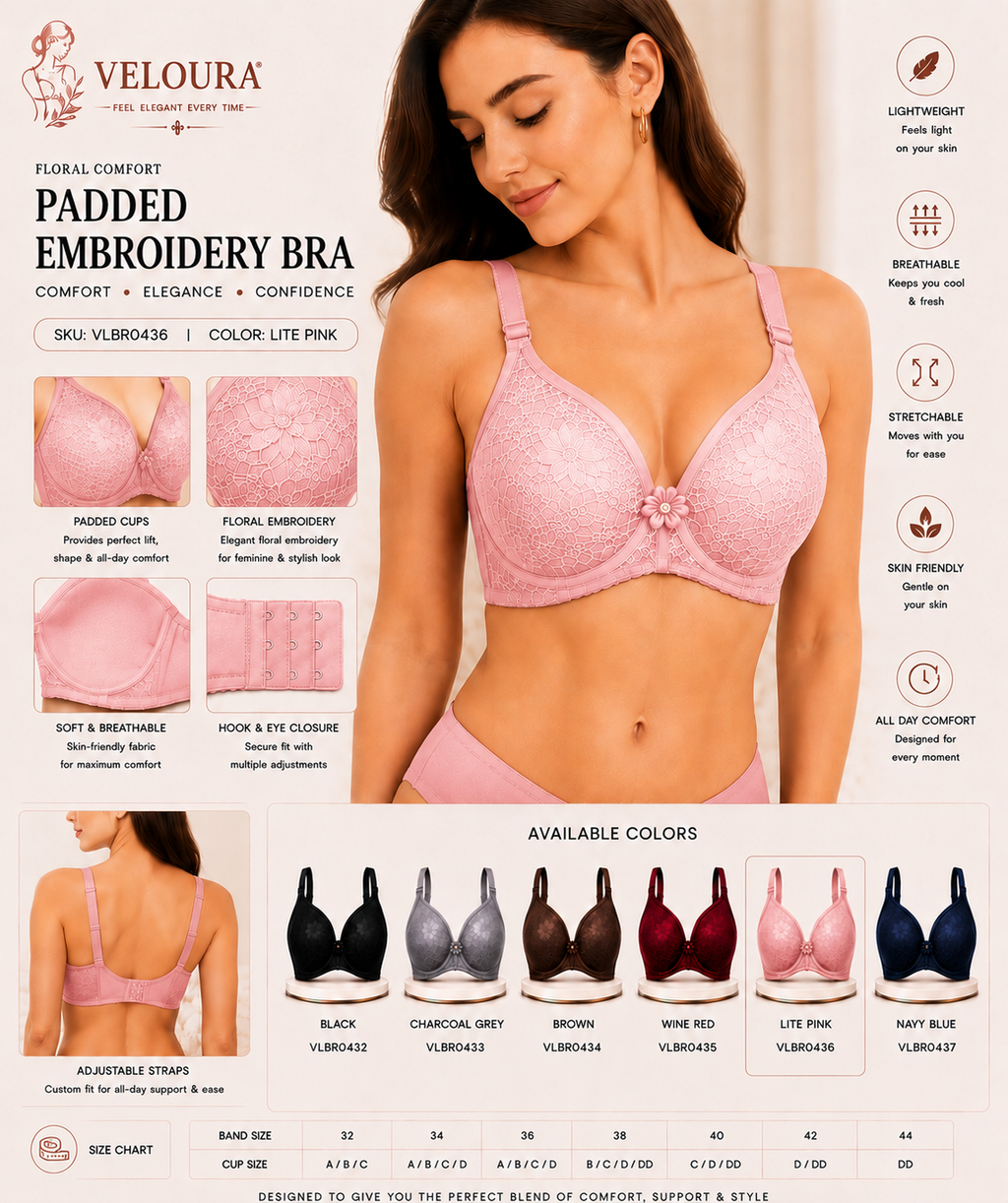 Veloura Floral Comfort Women's Padded Embroidery Bra – Soft, Breathable & Full Coverage | Blush Pink |