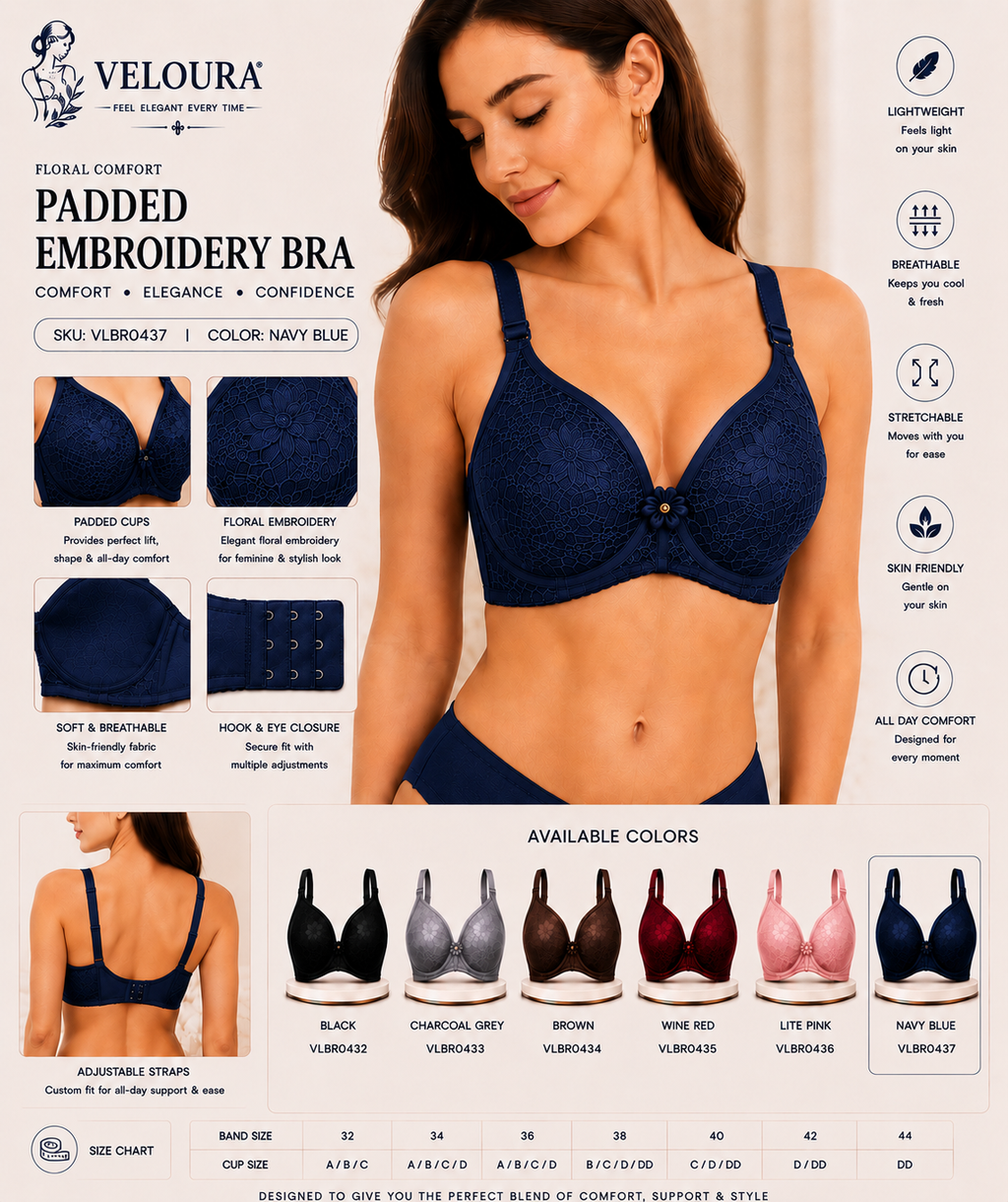 Veloura Floral Comfort Women's Padded Embroidery Bra – Soft, Breathable & Full Coverage | Navy Blue