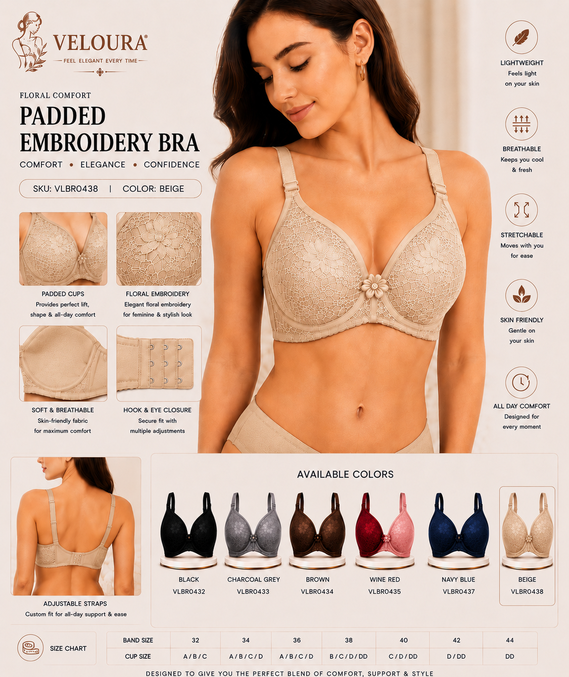 Veloura Floral Comfort Women's Padded Embroidery Bra – Soft, Breathable & Full Coverage | Beige