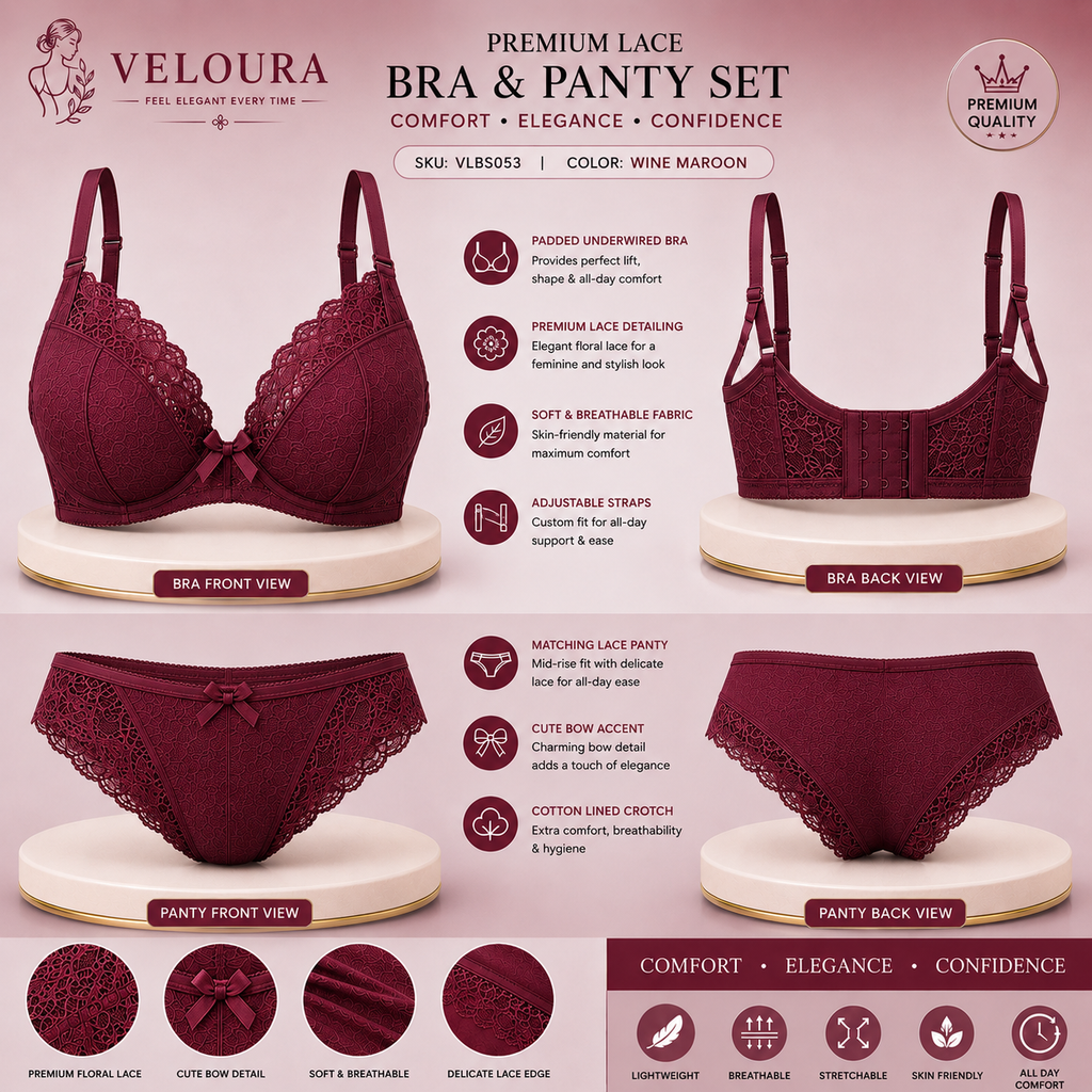 Veloura Premium Lace Bra & Panty Set for Women – Soft Padded Underwired Lingerie | Breathable Fabric | Wine Maroon