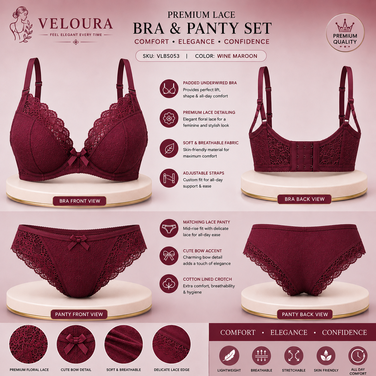Veloura Premium Lace Bra & Panty Set for Women – Soft Padded Underwired Lingerie | Breathable Fabric | Wine Maroon