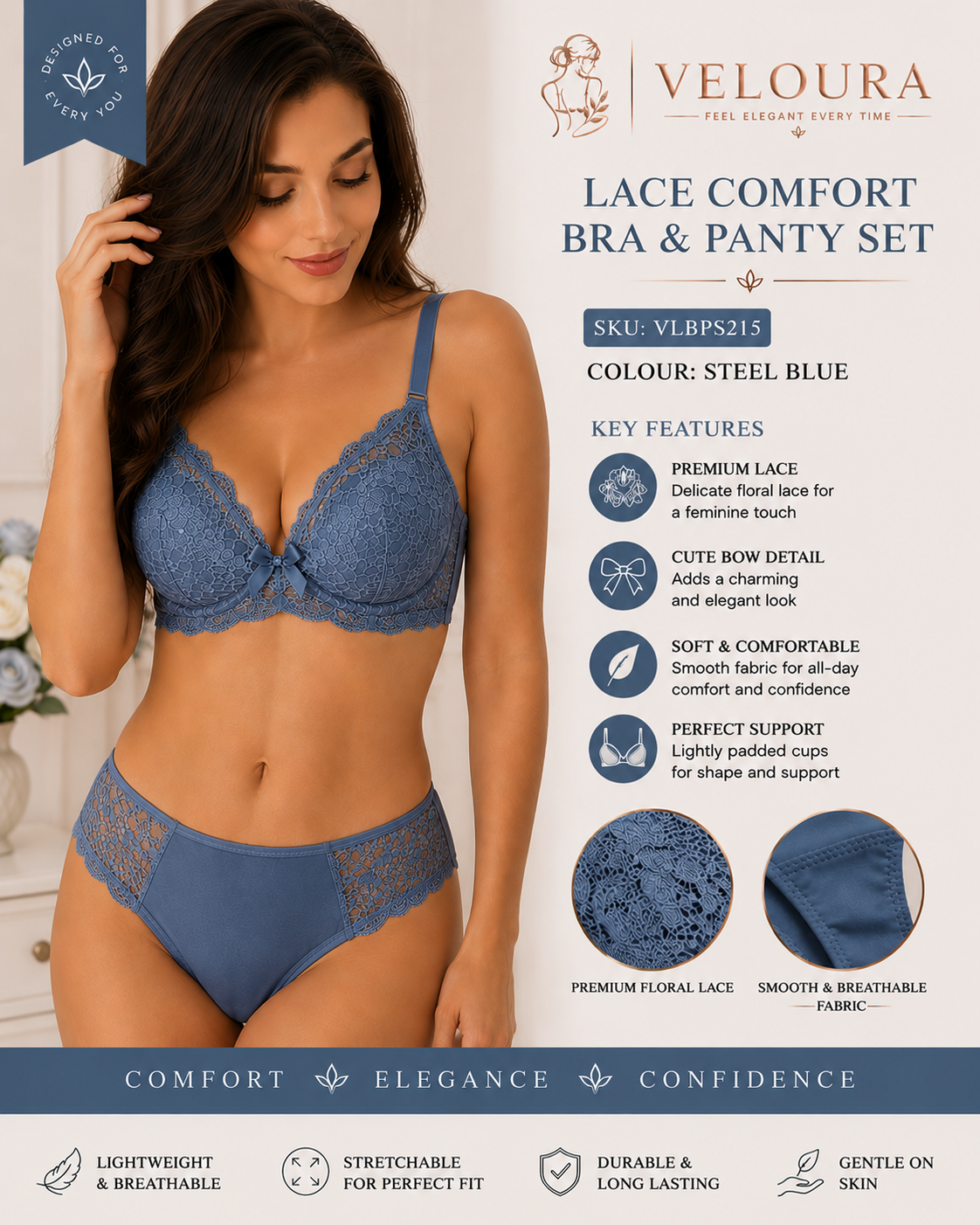 Veloura Premium Lace Bra & Panty Set – Steel Blue | Soft Padded Underwired Lingerie for Comfort, Elegance & Confidence