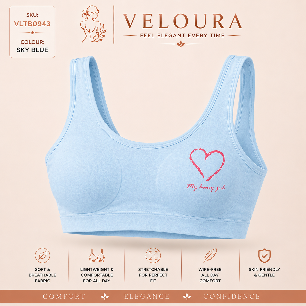 Veloura Teen Comfort Bra – Sky Blue | Soft Stretch Everyday Bra with Removable Pads for Teen Girls