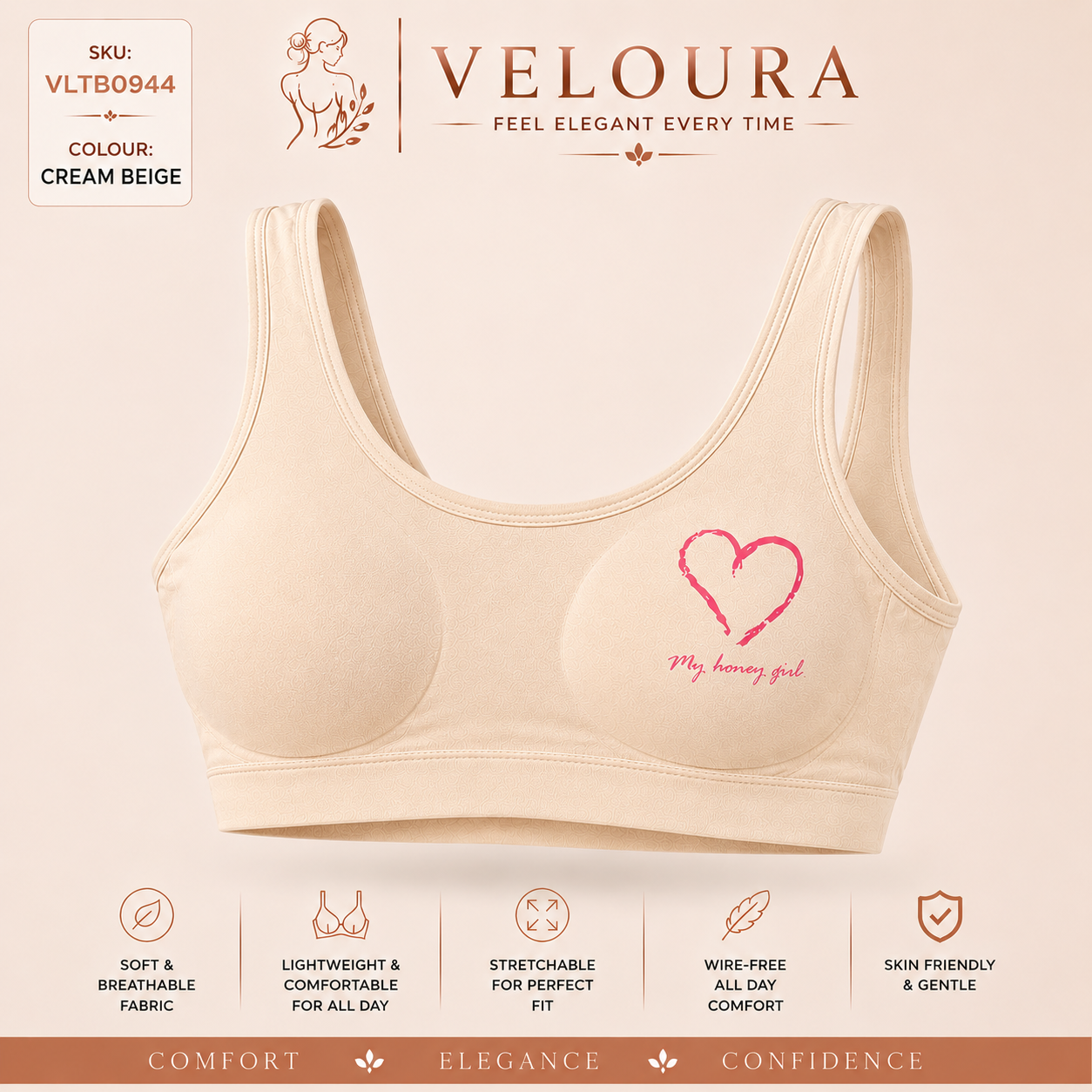 Veloura Teen Comfort Bra – Cream Beige | Soft Stretch Everyday Bra with Removable Pads for Teen Girls