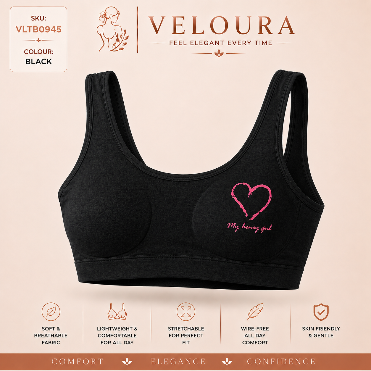 Veloura Teen Comfort Bra – Black | Soft Stretch Everyday Bra with Removable Pads for Teen Girls