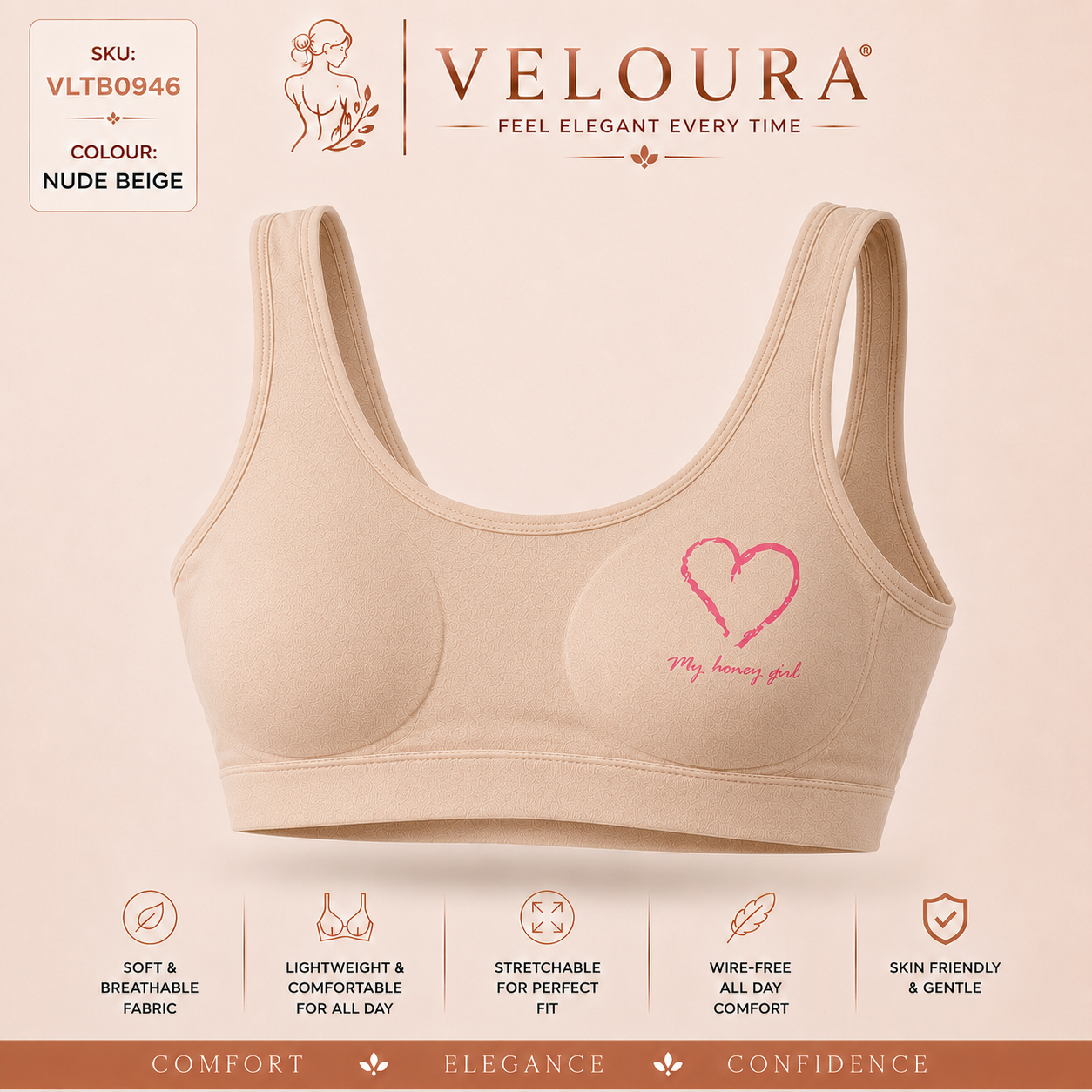 Veloura Teen Comfort Bra – Nude Beige | Soft Stretch Everyday Bra with Removable Pads for Teen Girls